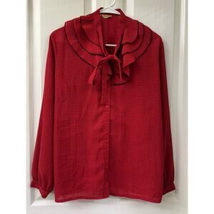 Yaohan Vintage red blouse ruffle black thin strips large long sleeves button